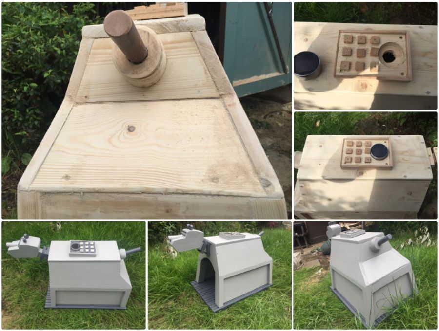Six photos of the K9 Dog Kennel, from various angles and three photos of before it was stained.