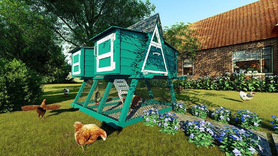 Elevated green chicken coop with flowers, walking path, and chickens nearby