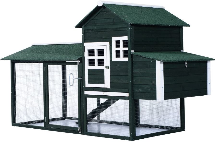 Black coop with white trim and modest run