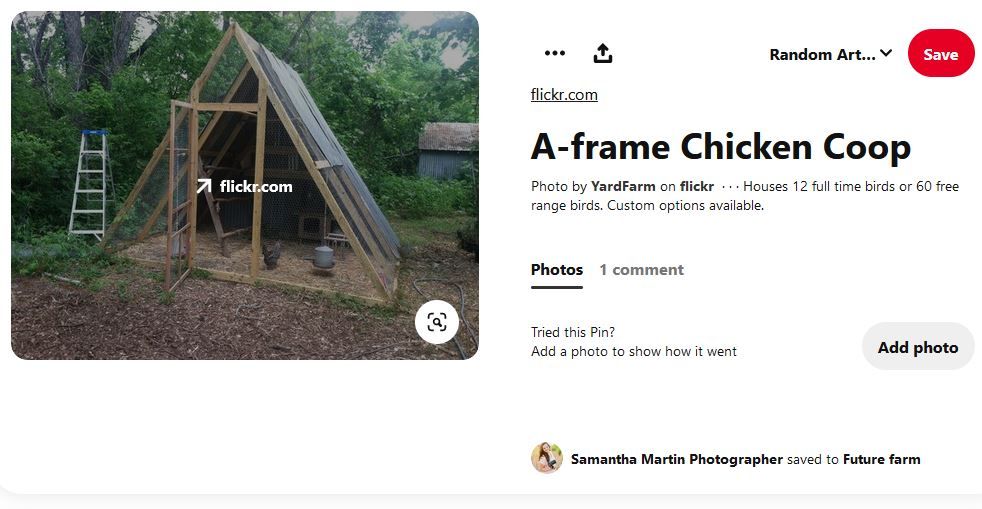 screenshot of simple wood and metal dising A-frame chicken coop