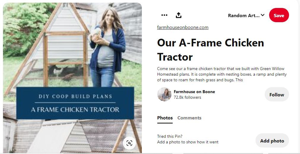 screenshot of woman holding a chicken in front of A-frame chicken coop tractor