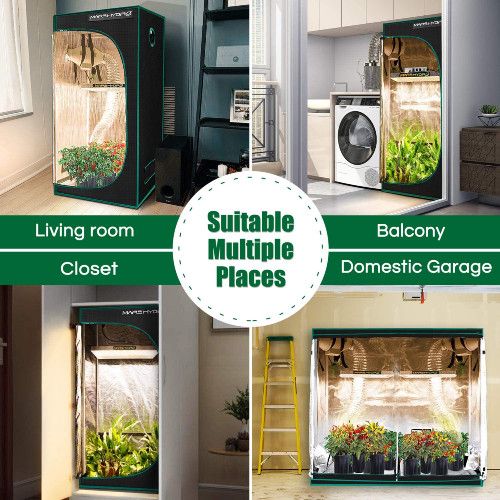 Multiple views of grow tent in various locations in house, labeled