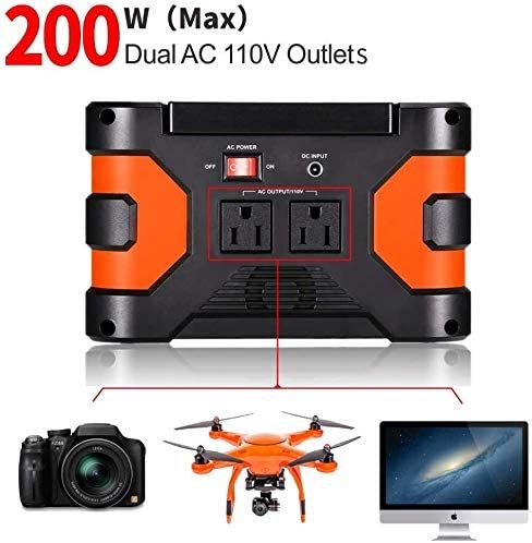 small portable black and orange generator with images of drone, TV, and camera beneath