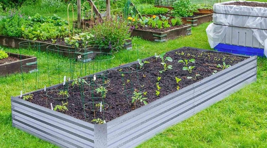 a metal raised garden bed installed in a grassy area and fully planted