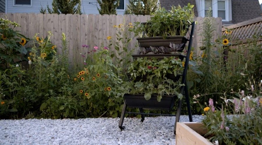 a tiered garden planter, fully planted, sitting on a gravel surface by a wooden privacy fence