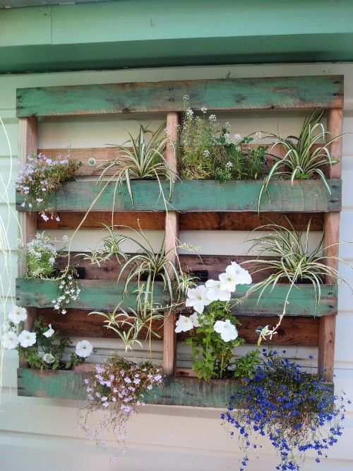 Half-painted green pallet filled with flowers