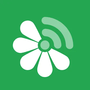 Illustration of white flower with pulse lines like Wi-Fi symbol on green background