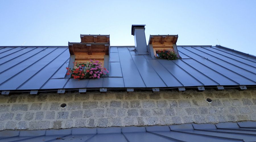 Unique metal roof with geraniums planted in gaps