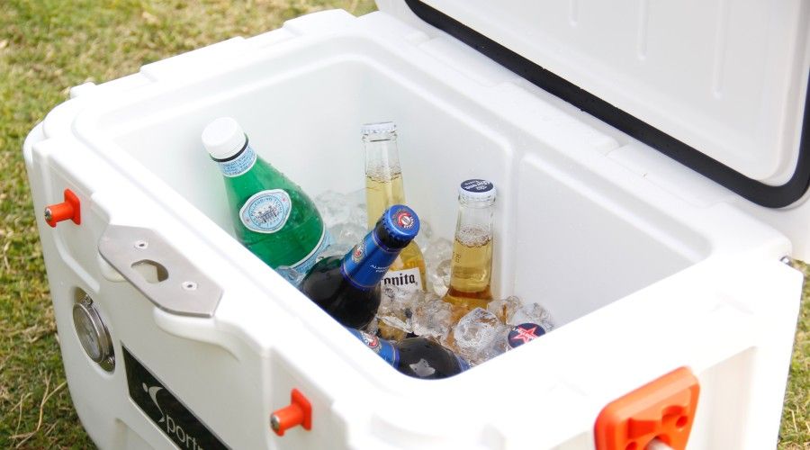 white ice cooler with assorted-brand bottle lot