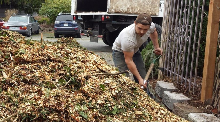 wood chips for recycling by mulching the garden and back yard, fence, prayer flags