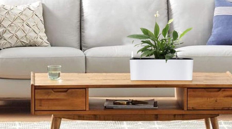 white rectangular planter sitting on wooden table