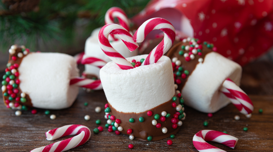 Chocolate covered marshmallow with candy canes