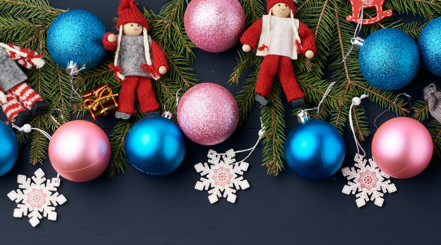 Green Spruce Branches, Christmas Blue and Pink Balls