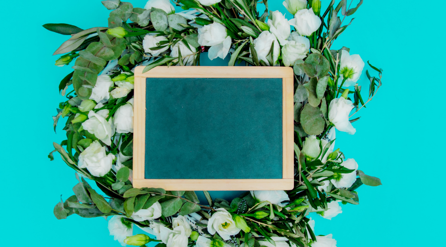 Decorated Wreath with White Roses and Blackboard