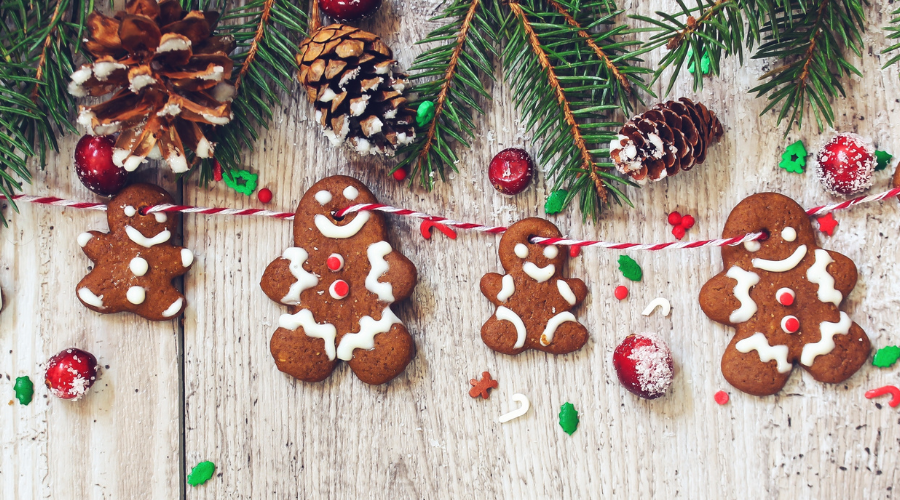 Christmas Background with Homemade Gingerbread Cookies Garland, Top View