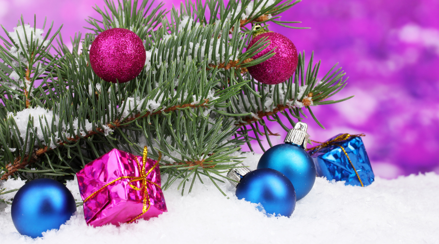 Christmas Ball and Toy with Green Tree in the Snow on Purple