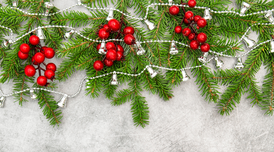 Christmas tree branches red berries silver garland