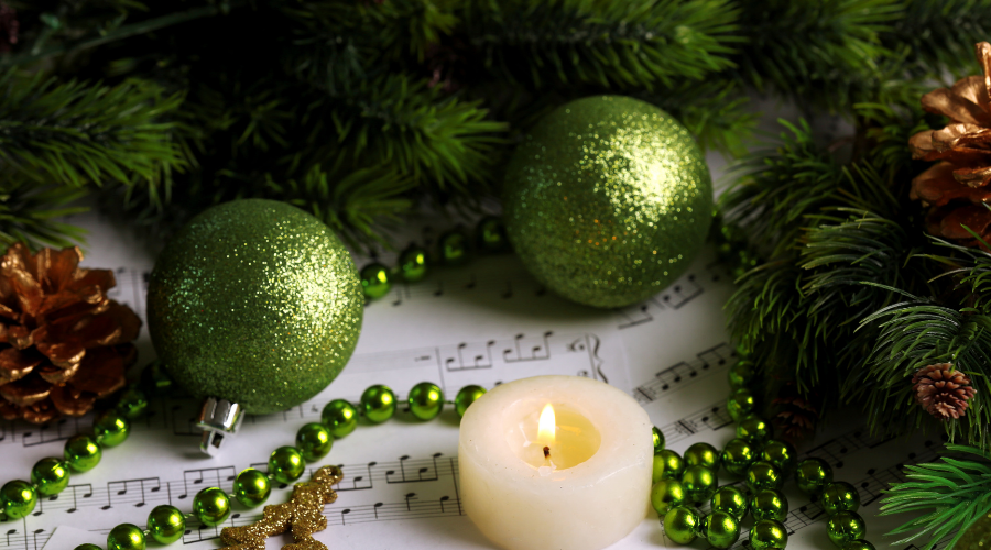 Green Christmas Ornaments on Sheet Music
