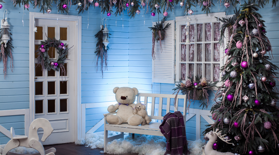 Wooden house porch decorated for Christmas