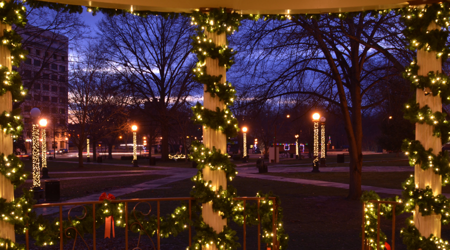 Christmas night lights garlands wrapped pillars