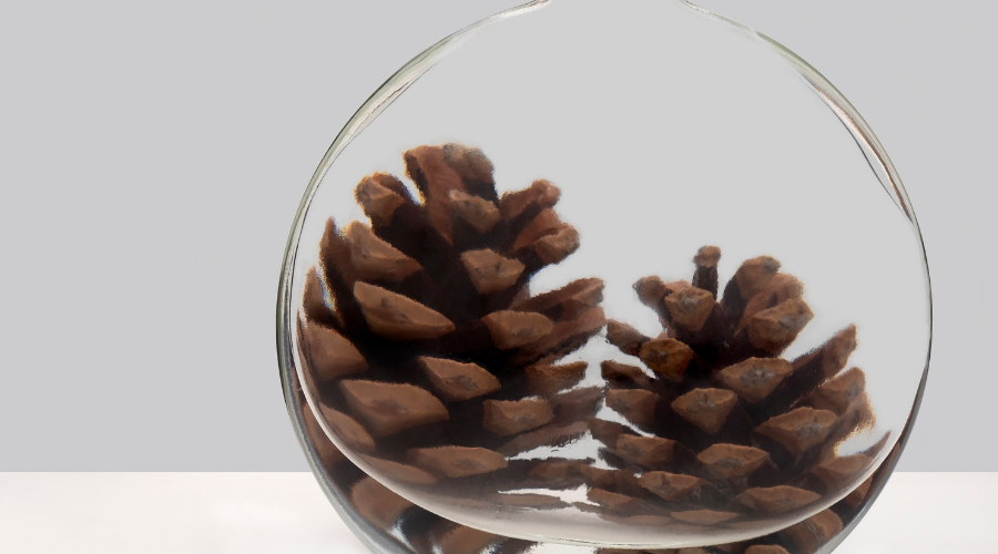 Pine cones distorted through a bottle of water