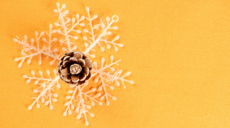 pine cones and decorative snowflake on yellow fabric