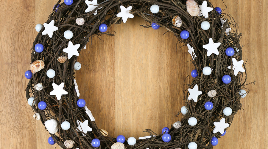 Christmas Door Wreath White Stars and Blue Pearls