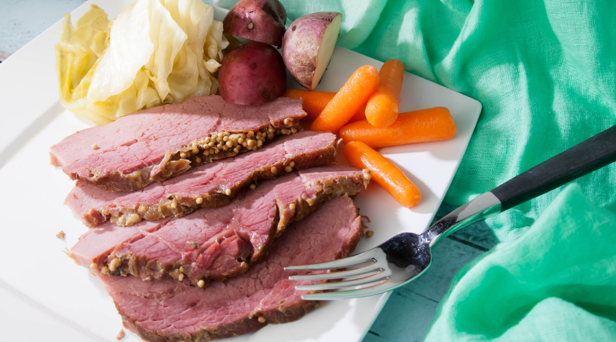 Traditional corned beef and cabbage in a slow cooker
