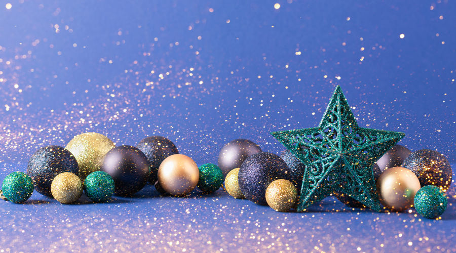 Christmas Festive Background with New Year's Toys Balls Stars Sparkles