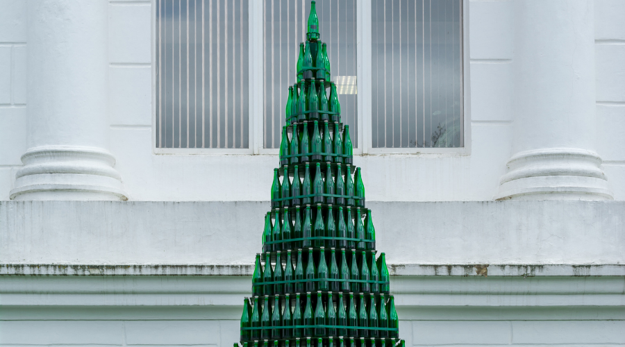 Christmas tree from green glass wine bottles