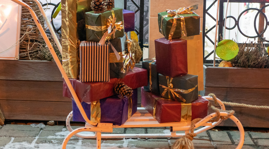 sleigh with gift boxes, presents and decorations