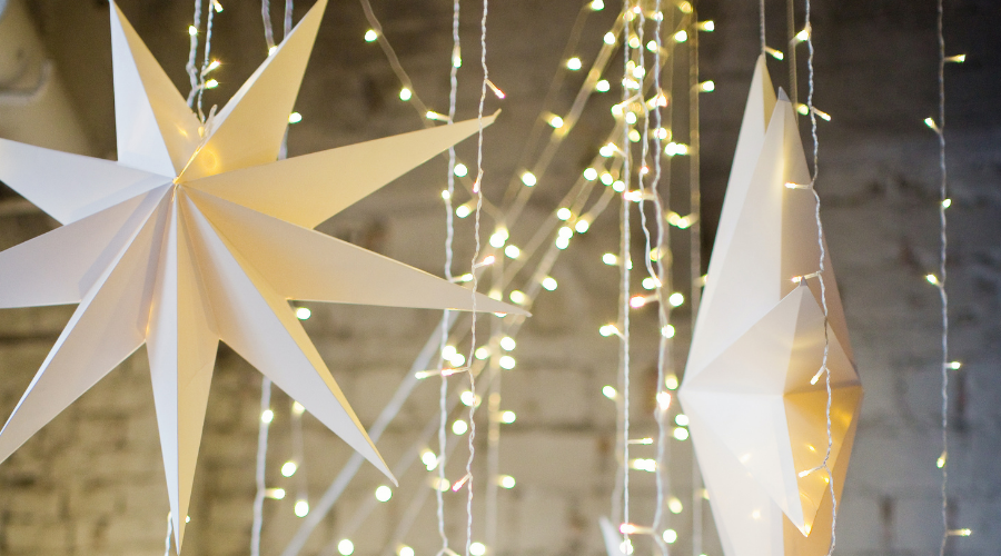 Hanging Christmas stars decoration and lights