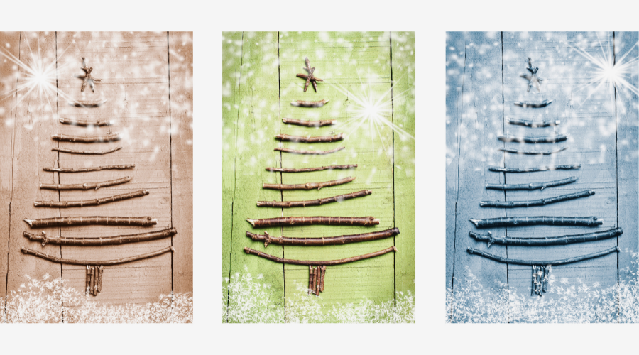 Snowy triptych in brown, green and blue. Christmas trees