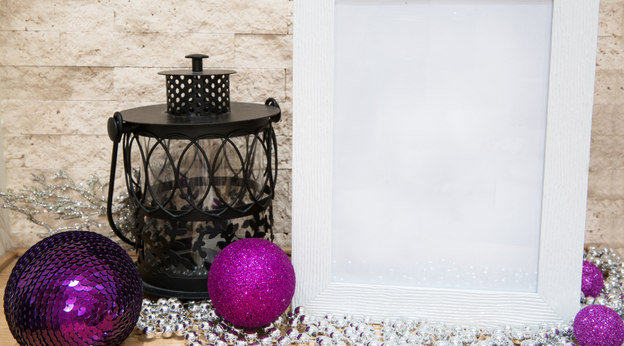 Violet and purple Christmas balls, black lantern, mock up