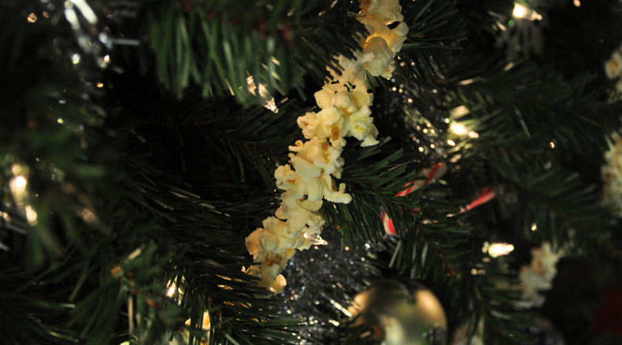Handmade Popcorn Garland on Indoor Christmas Tree