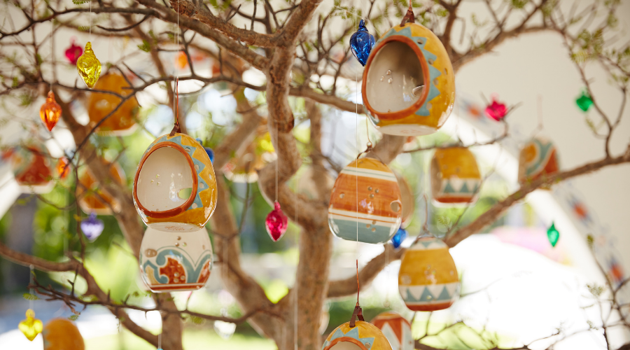 Colorful ornaments hanging from a tree