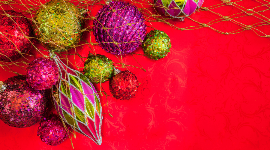 Glittered Christmas ornaments in jewel colors