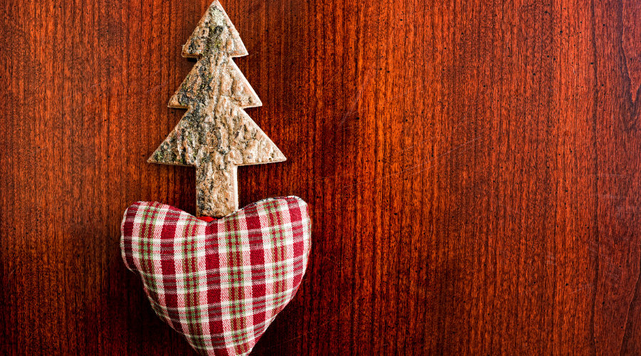Vintage Ornament, Plaid Heart and Carved Wooden Tree