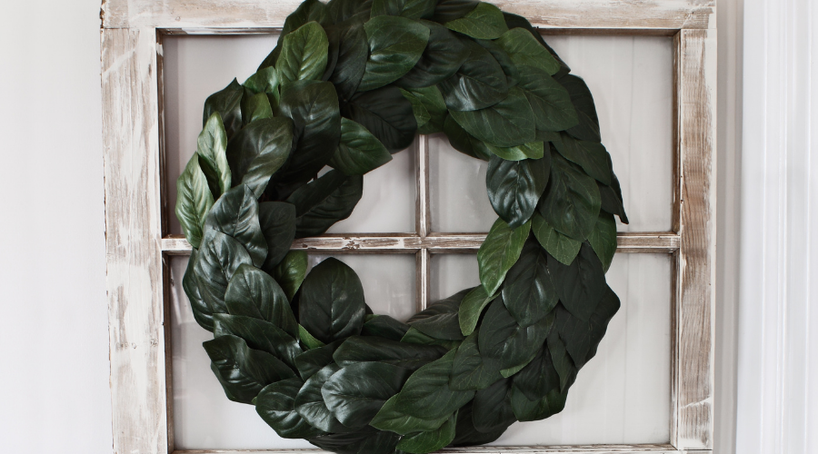 Interior Magnolia Leaf Wreath over Old Window with Table