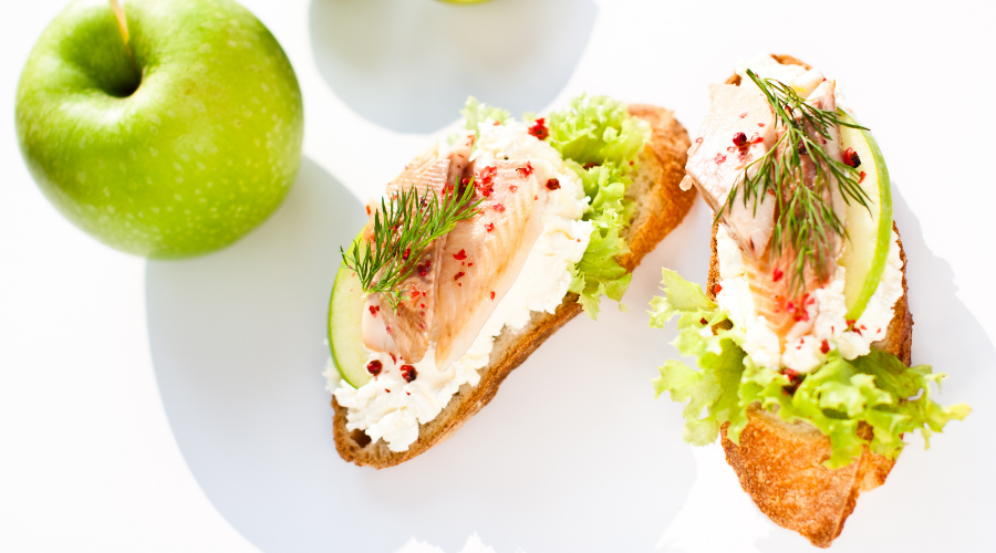 crostini with smoked trout, lime and green apple