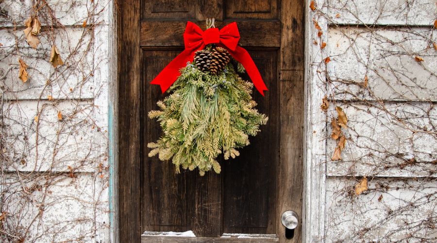 Holiday Evergreen Door Swag with Red Bow