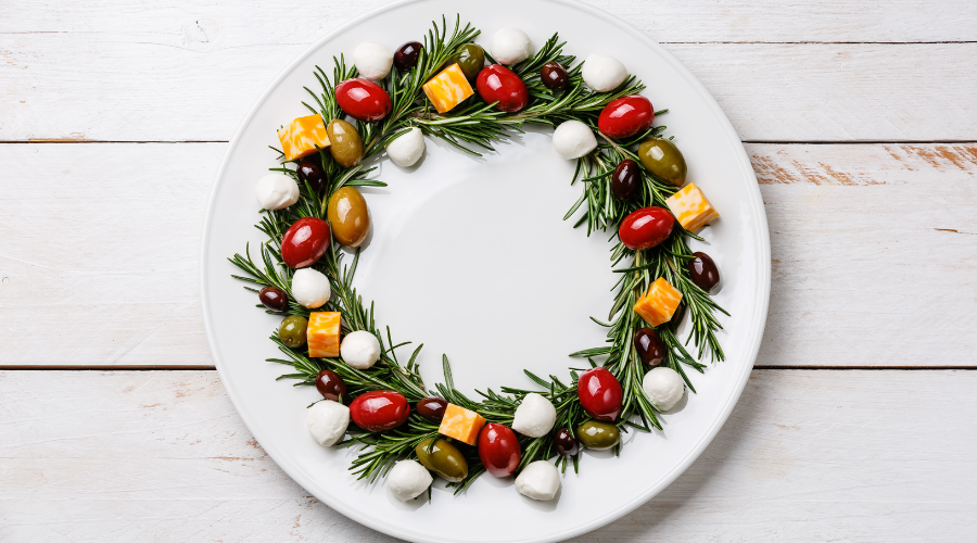 Rosemary Wreath Christmas Appetizer with Cheese and Olives