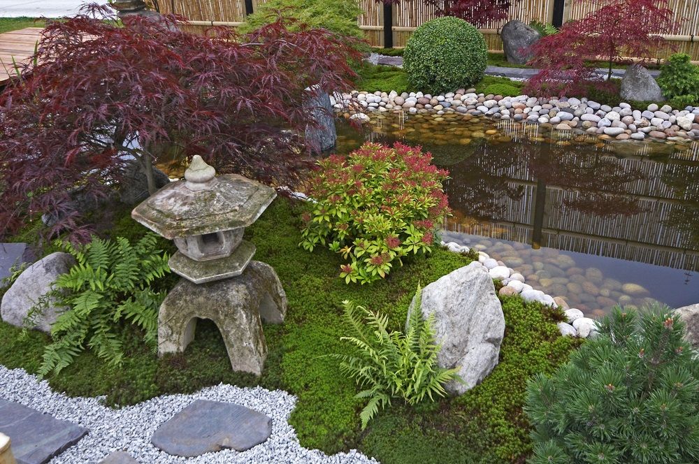 Garden in the style of a Japanese Tea Garden with traditional planting