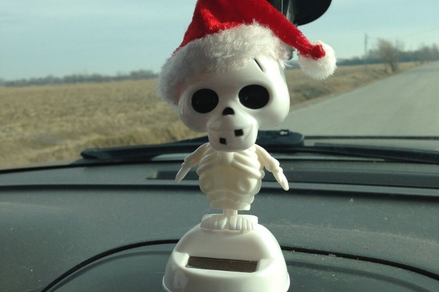skeleton wearing a santa hat