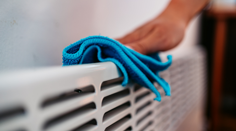 blue towel on heater