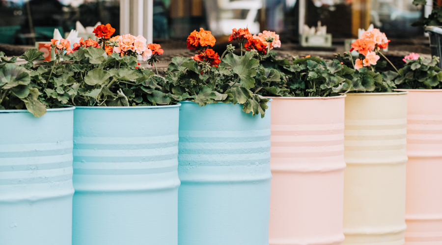 Old metal containers reuse as flower beds