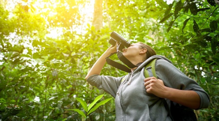 a woman looking through binoculars while standing in a forest
