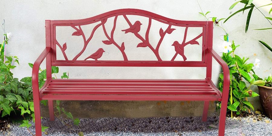 Red metal bench