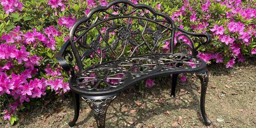 rose embellished aluminum garden bench