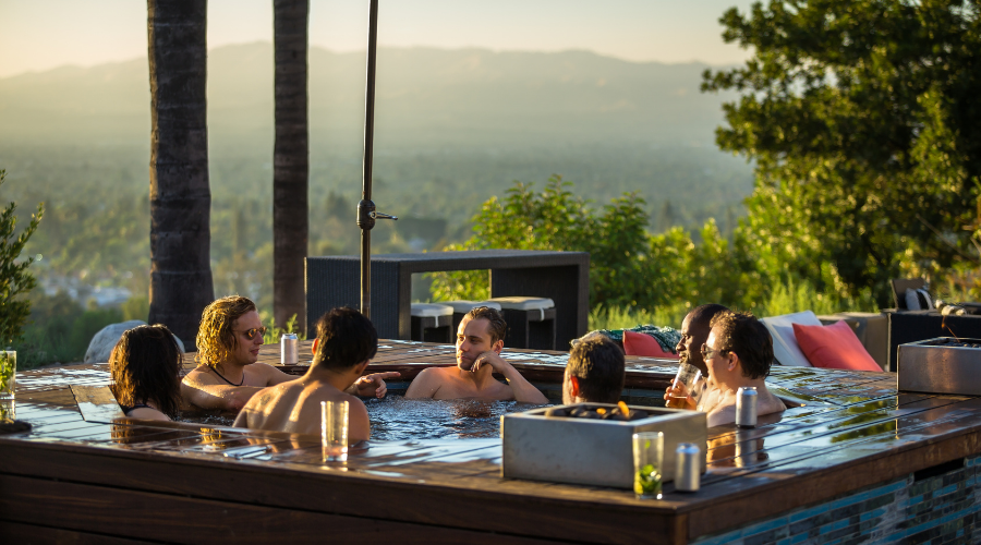 Hot Tub Party at Sunset in California Backyard